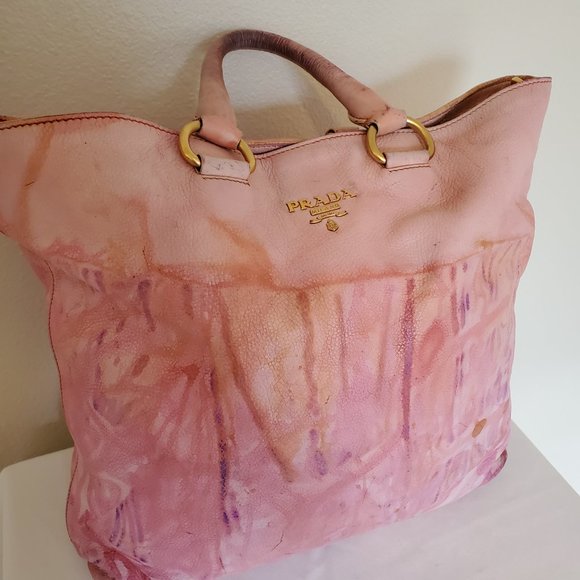 Prada Handbags - Prada bag beige purple Pink Leather large double handle Tote tie dyed orange XL